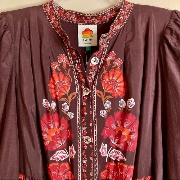SOLD FARM Rio Gigi Tapestry Brown Mini Dress Beaded Buckle Red Floral Size L - Picture 7 of 16